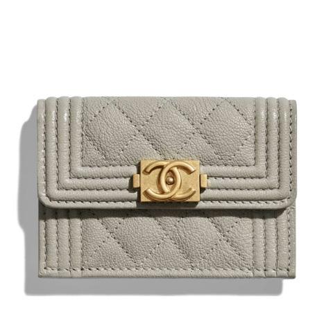 19SS☆CHANEL☆ボーイ キャビア×ゴールド 三つ折り財布/グレー 9071917